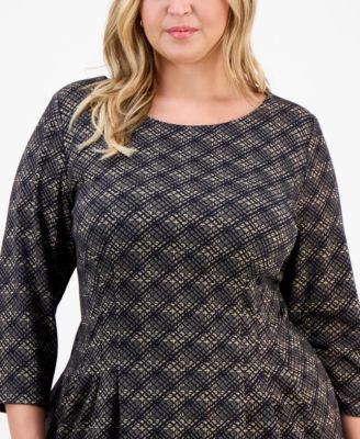Plus Size Knit Long-Sleeve Tuck-Front Fit & Flare Dress