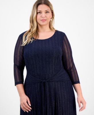 Plus Size Mesh Long-Sleeve Round-Neck Dress