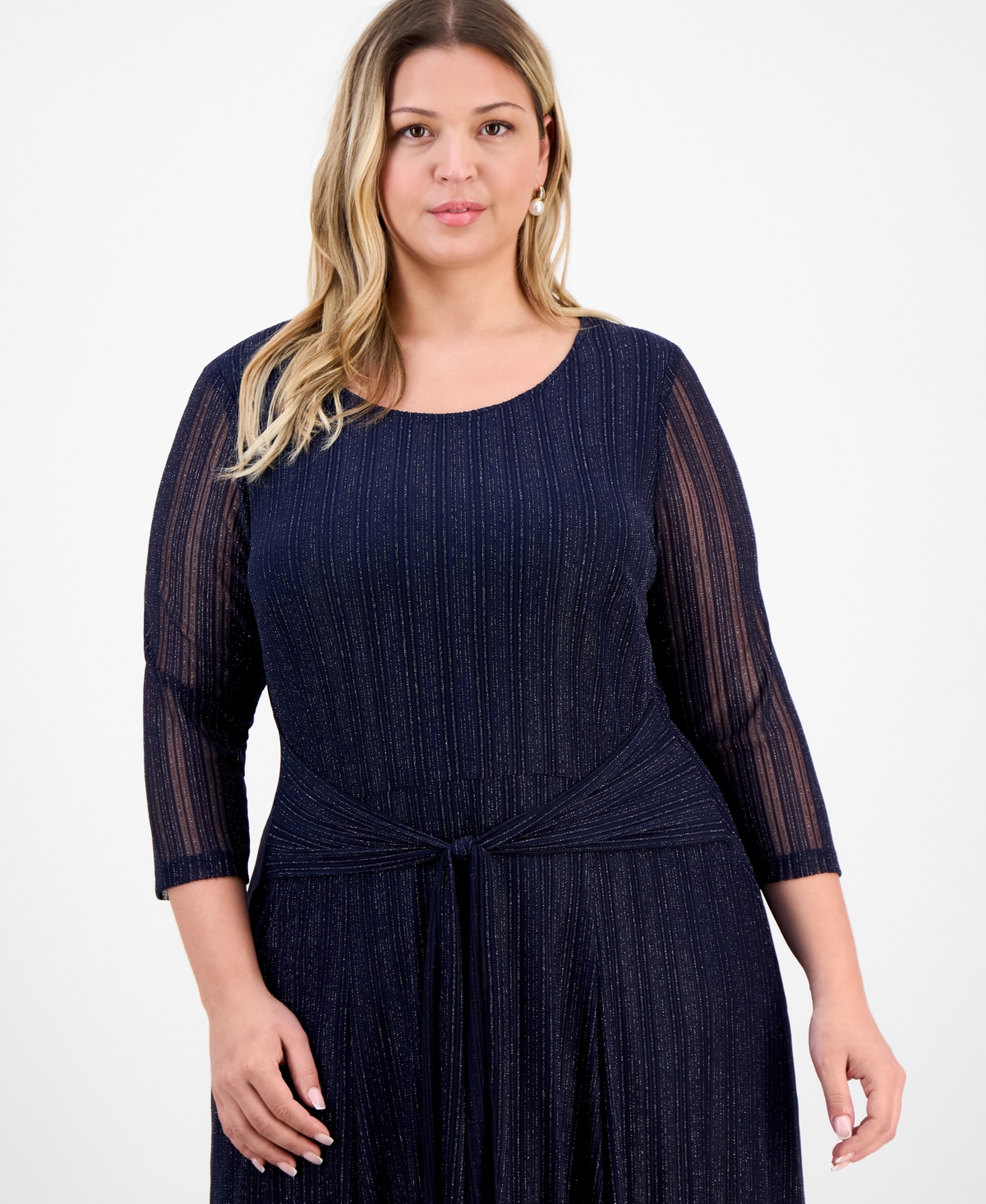 Connected Plus Size Mesh Long-sleeve Round-neck Dress In Blue