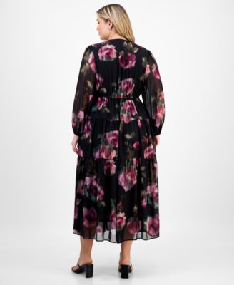 Plus Size V-Neck Printed Chiffon Long-Sleeve Maxi Dress
