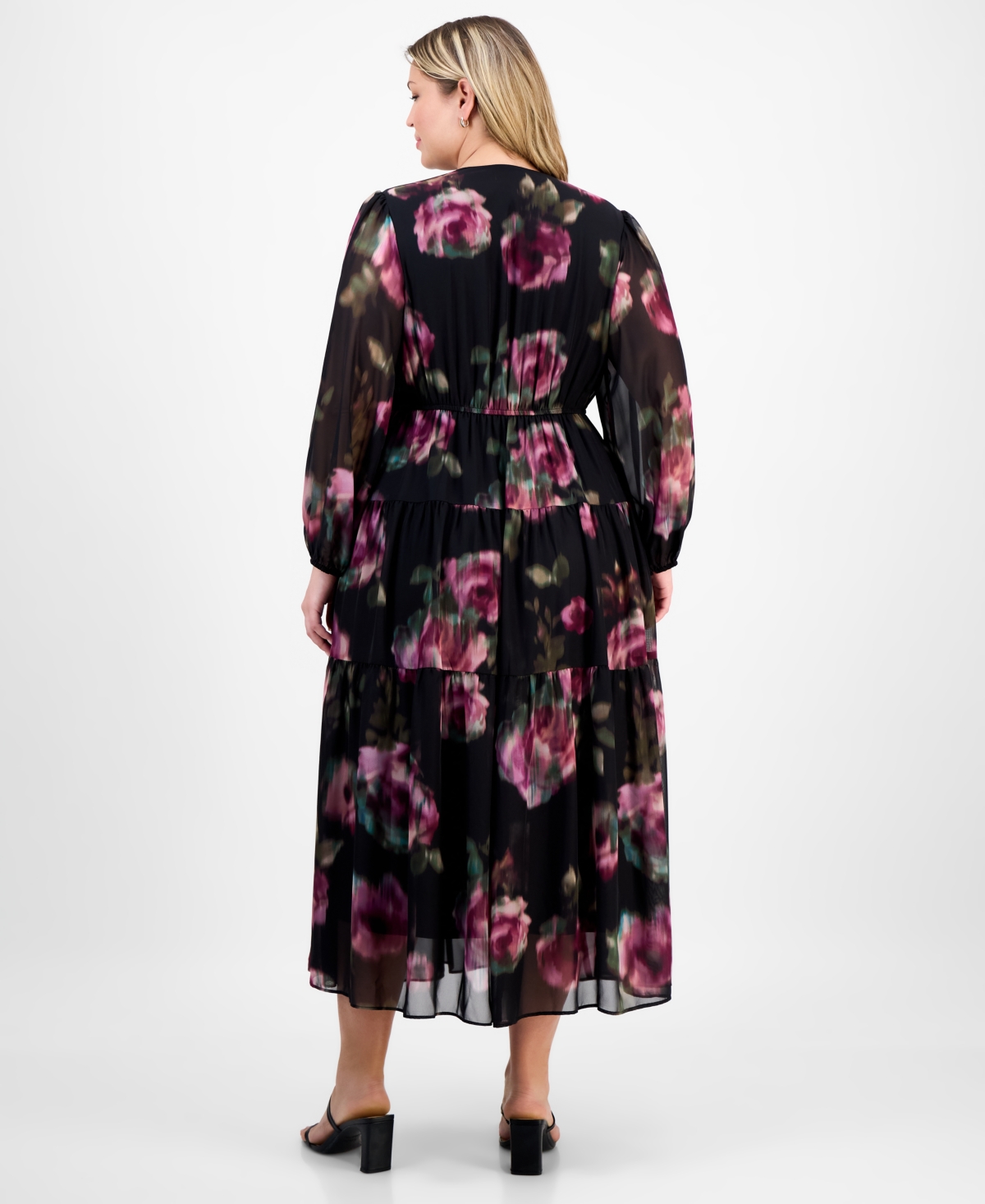 Robbie Bee Plus Size V-neck Printed Chiffon Long-sleeve Maxi Dress In Multi