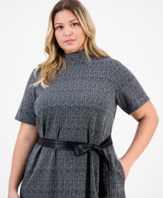 Plus Size Plus Size Mock Neck Short-Sleeve Boucl&eacute; Midi Dress