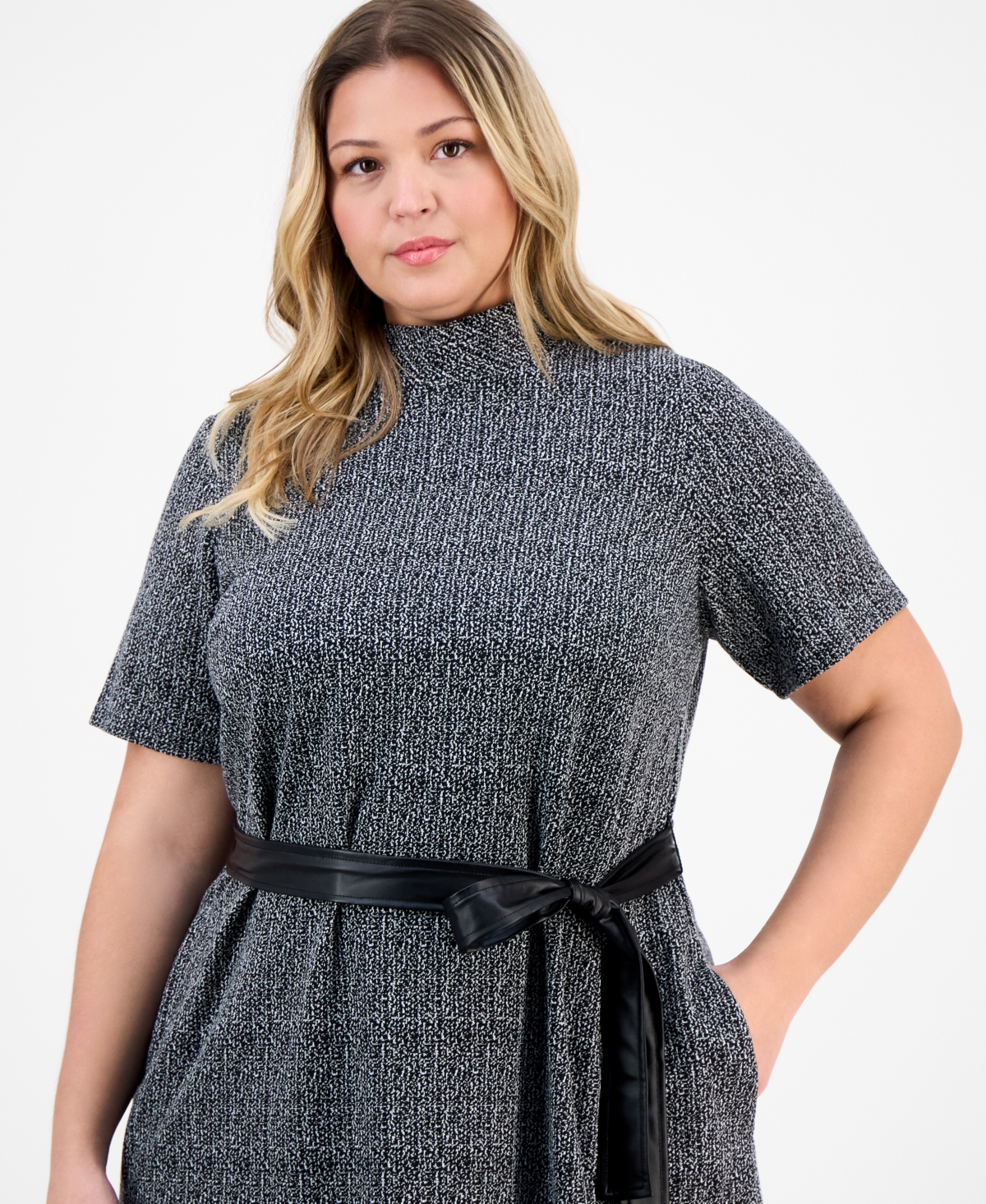 Robbie Bee Plus Size Plus Size Mock Neck Short-sleeve Boucle Midi Dress In Gray