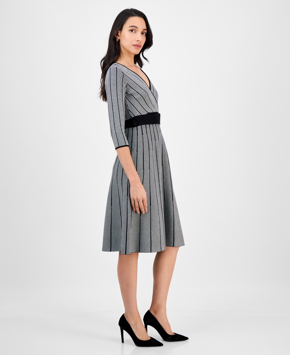 Robbie Bee Petite Belted Surplice V-neck Sweater Dress In Gray