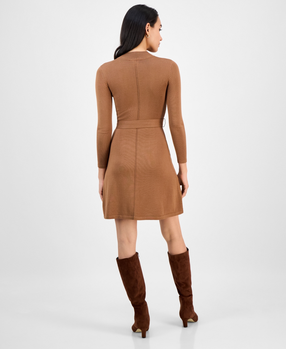 Robbie Bee Petite Belted Mock Neck Sweater Dress In Brown