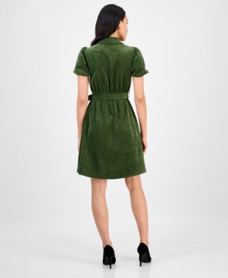 Petite Short-Sleeve Button-Front Corduroy Shirtdress