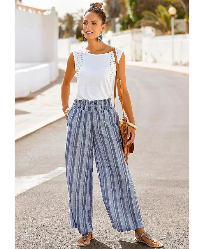 Women's Striped Wide Leg Smocked with Pockets Pants - thumbnail 3