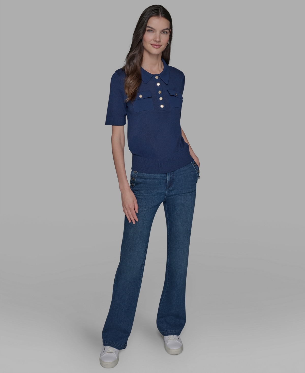 Karl Lagerfeld Women's Short-sleeve Button-front Sweater In Blue