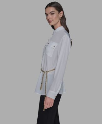 Women's Belted Chest-Pocket Top
