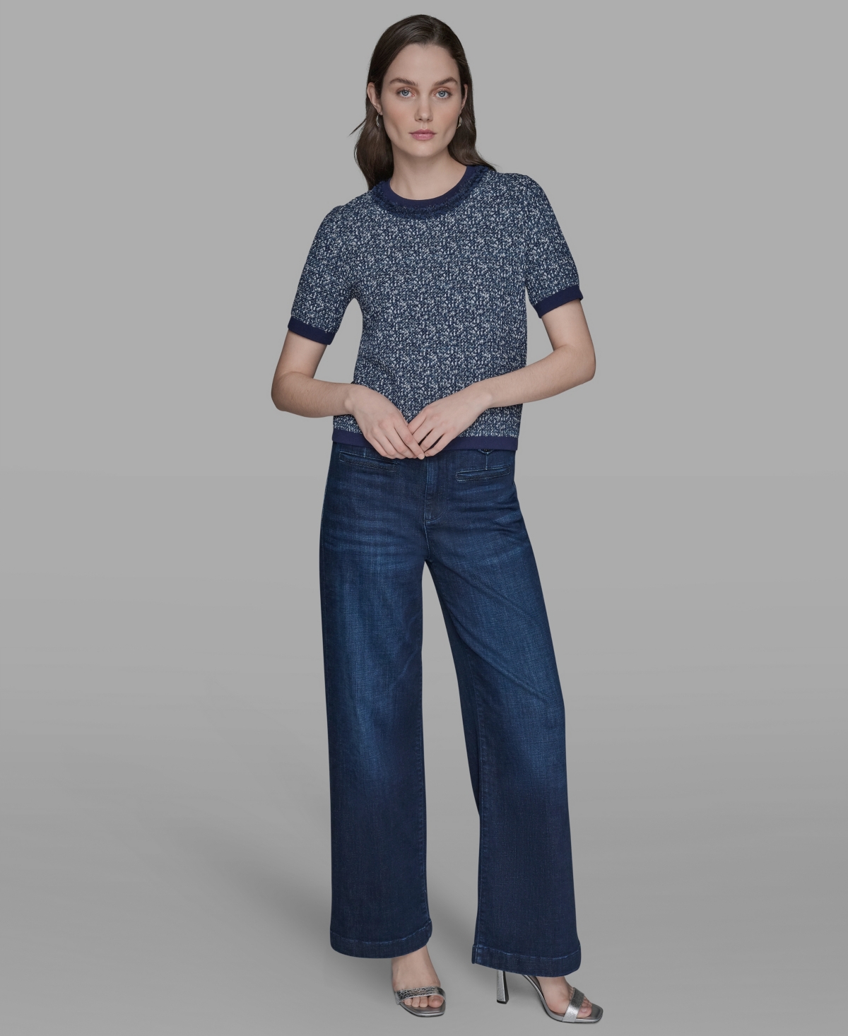 Karl Lagerfeld Women's Textured-knit Short-sleeve Sweater In Blue