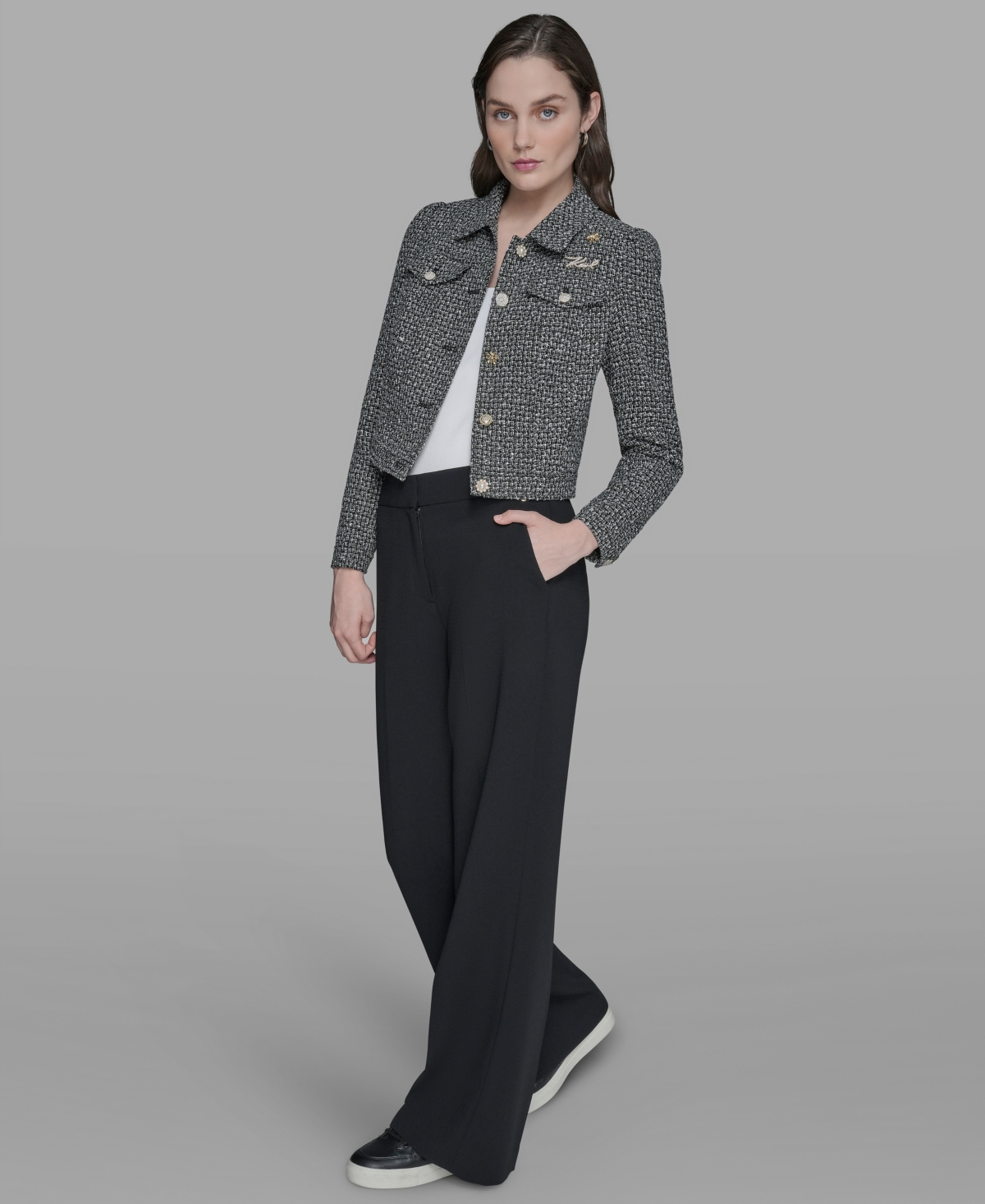 Karl Lagerfeld Women's Tweed Long Sleeve Jacket In Multi