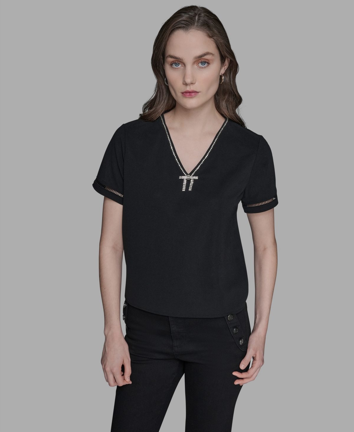 Karl Lagerfeld Women's Sparkle-bow V-neck Knit Top In Black