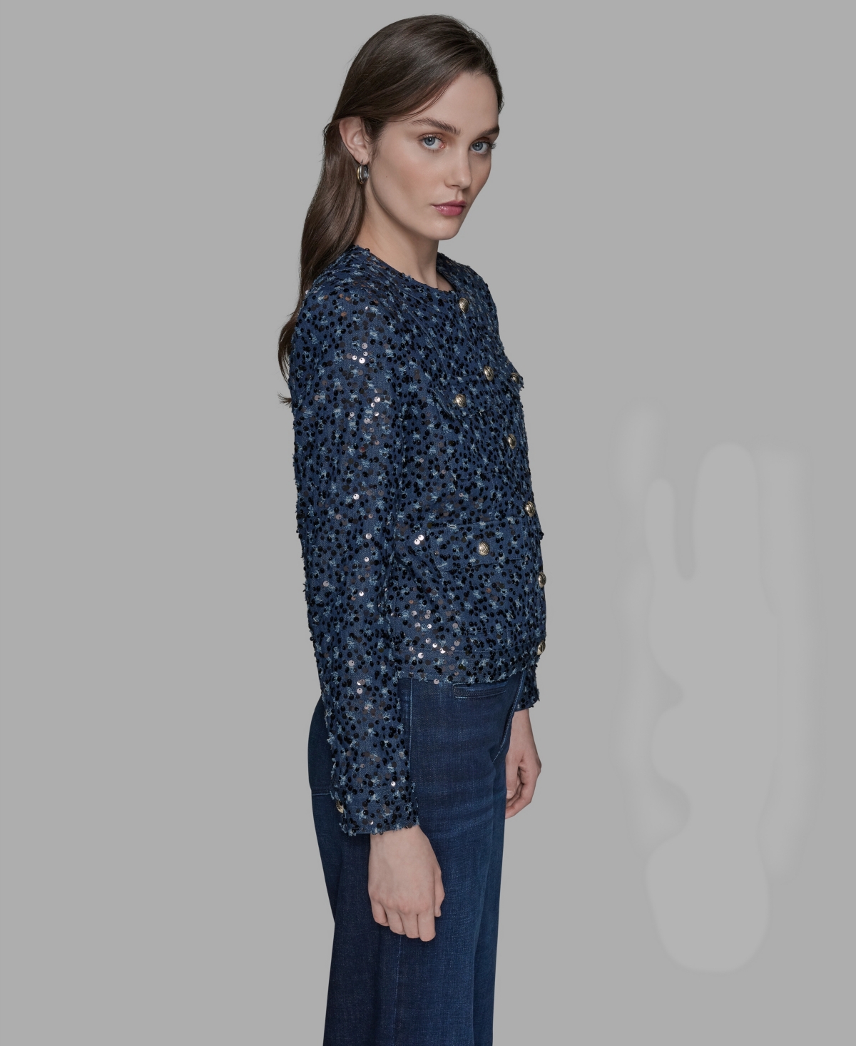 Karl Lagerfeld Collarless Sequin Jacket In Blue