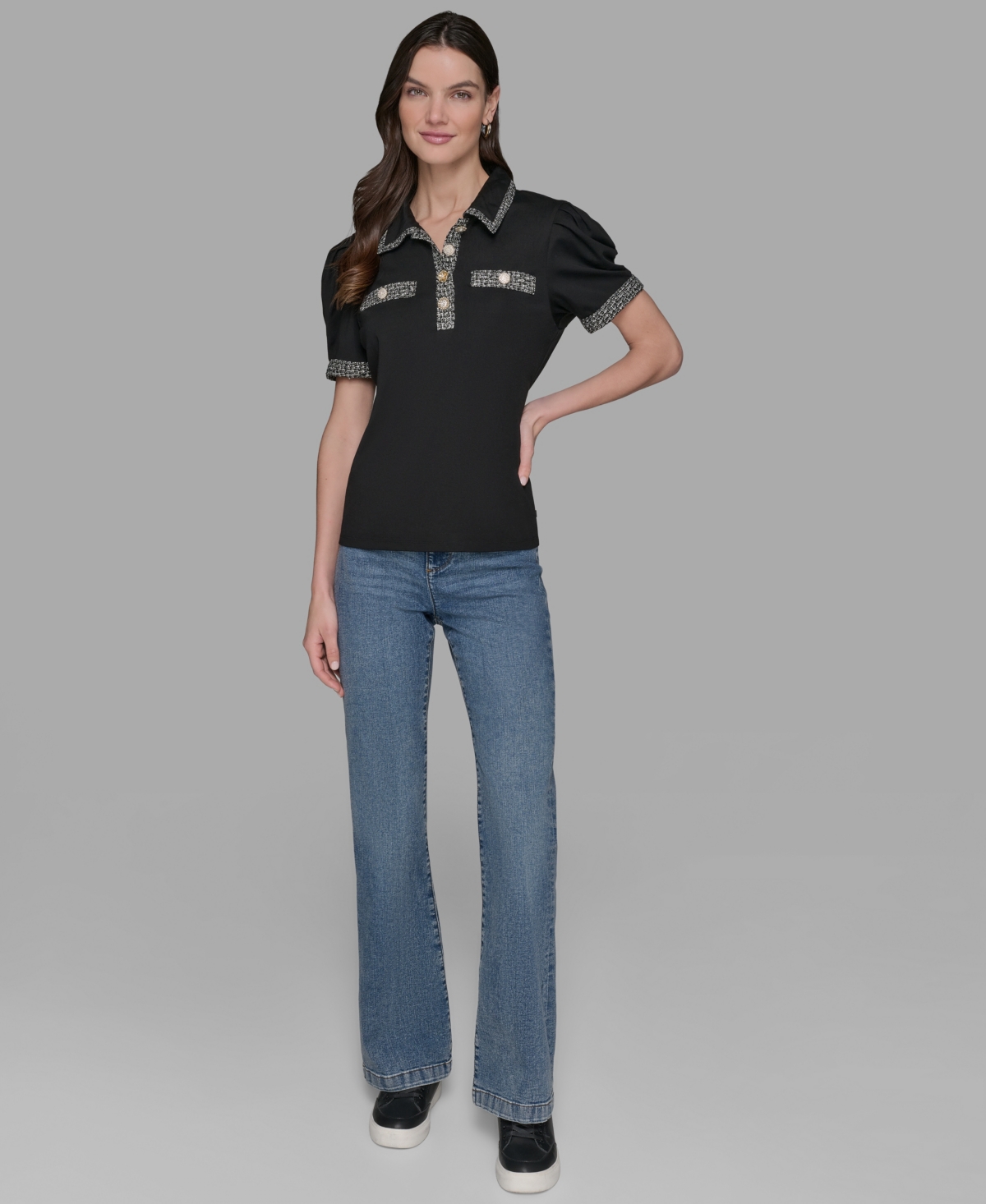 Karl Lagerfeld Karl Lagerfield Paris Plus Size Short Sleeves Tweed Trim Knit Top In Black