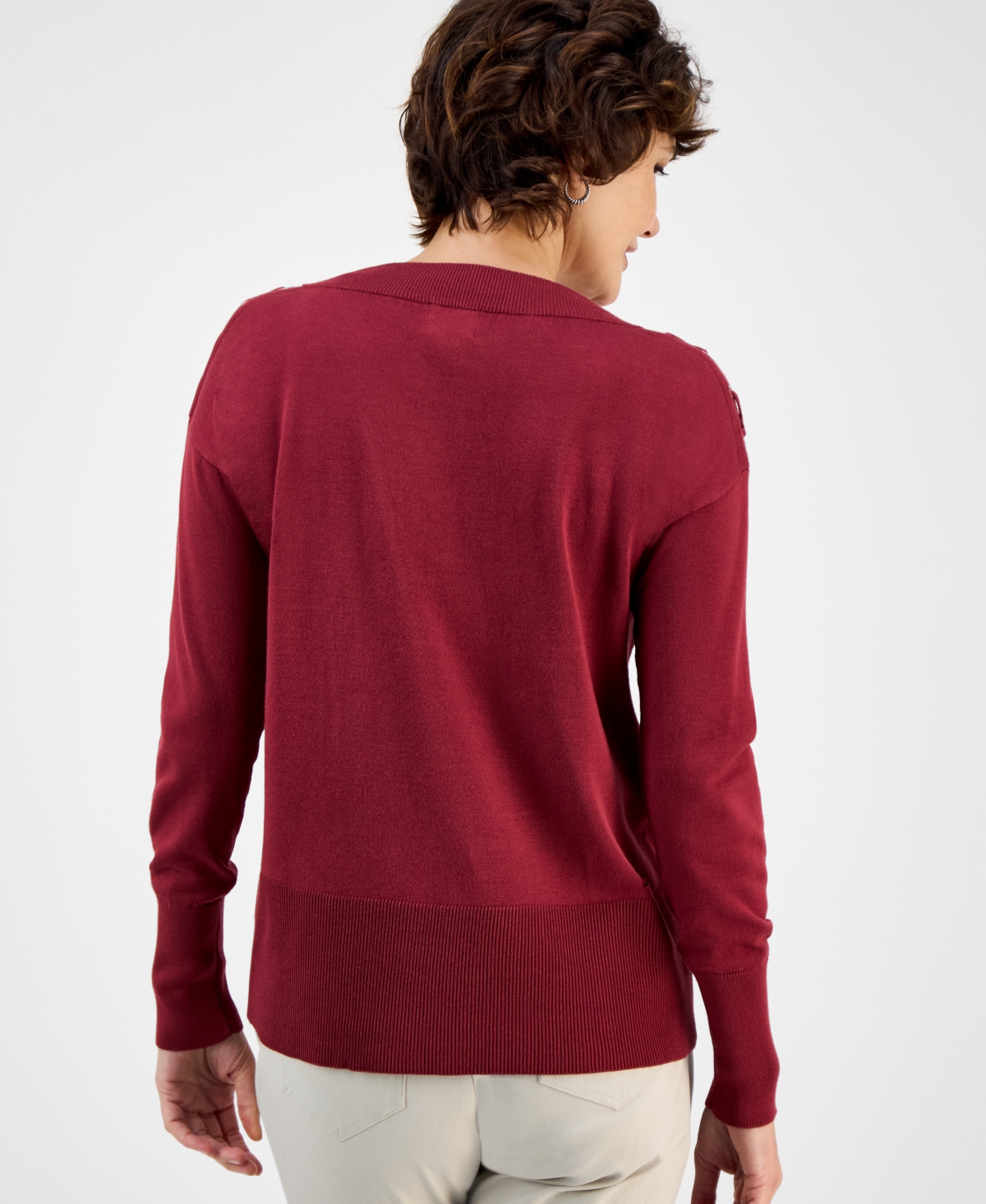 Jm Collection Women's Lace-up Shoulder V-neck Sweater, Exclusively At Macy's In Burgundy