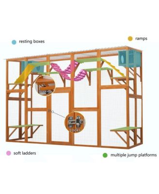 118 in. Outdoor Wooden Cat house Cat shelves with Window Box in Natural