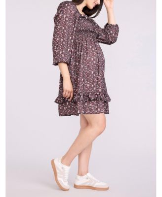 Women's Smocked Babydoll Long Sleeve Mini Dress - Motherhood Maternity