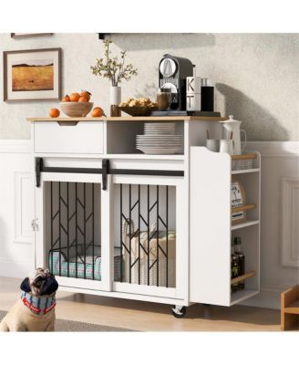 41.5 in. Wooden Dog Crate Cabinet with End Table, Rolling casters in White