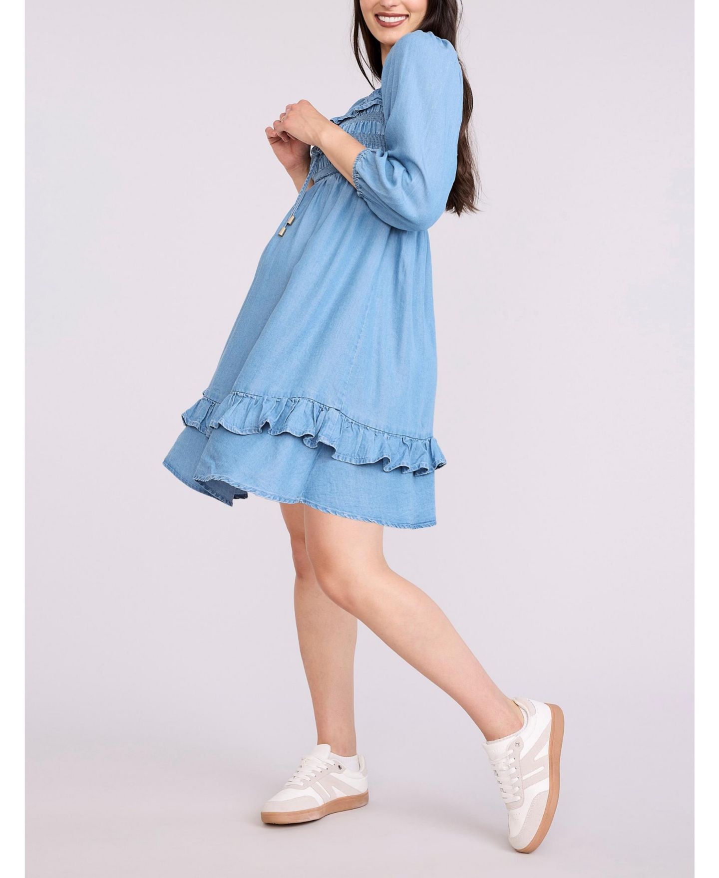 Женское платье Motherhood Maternity Smocked Babydoll Long Sleeve Mini Dress - Motherhood, цвет: Средняя варка — фото 3