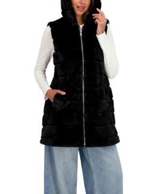 Women's Hooded Grooved 3/4 Faux Fur Vest
