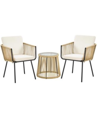 3-Piece Outdoor Patio Bistro Set with Tempered Glass Table & 2 Chairs, Tan/Cream