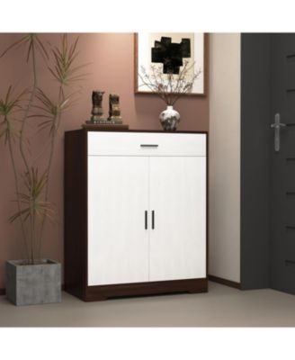 Wooden Shoe Rack Organizer - 4-Tier Cabinet with 2 White Doors, Drawer & Adjustable Shelves /Hallway Entryway