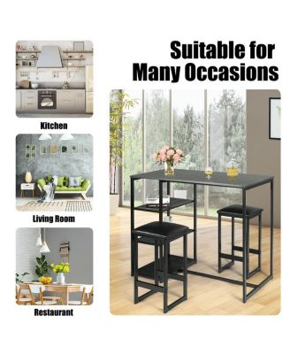 3 Piece Pub Set Industrial Style Faux Marble Top Table and 2 Stools Dining Set