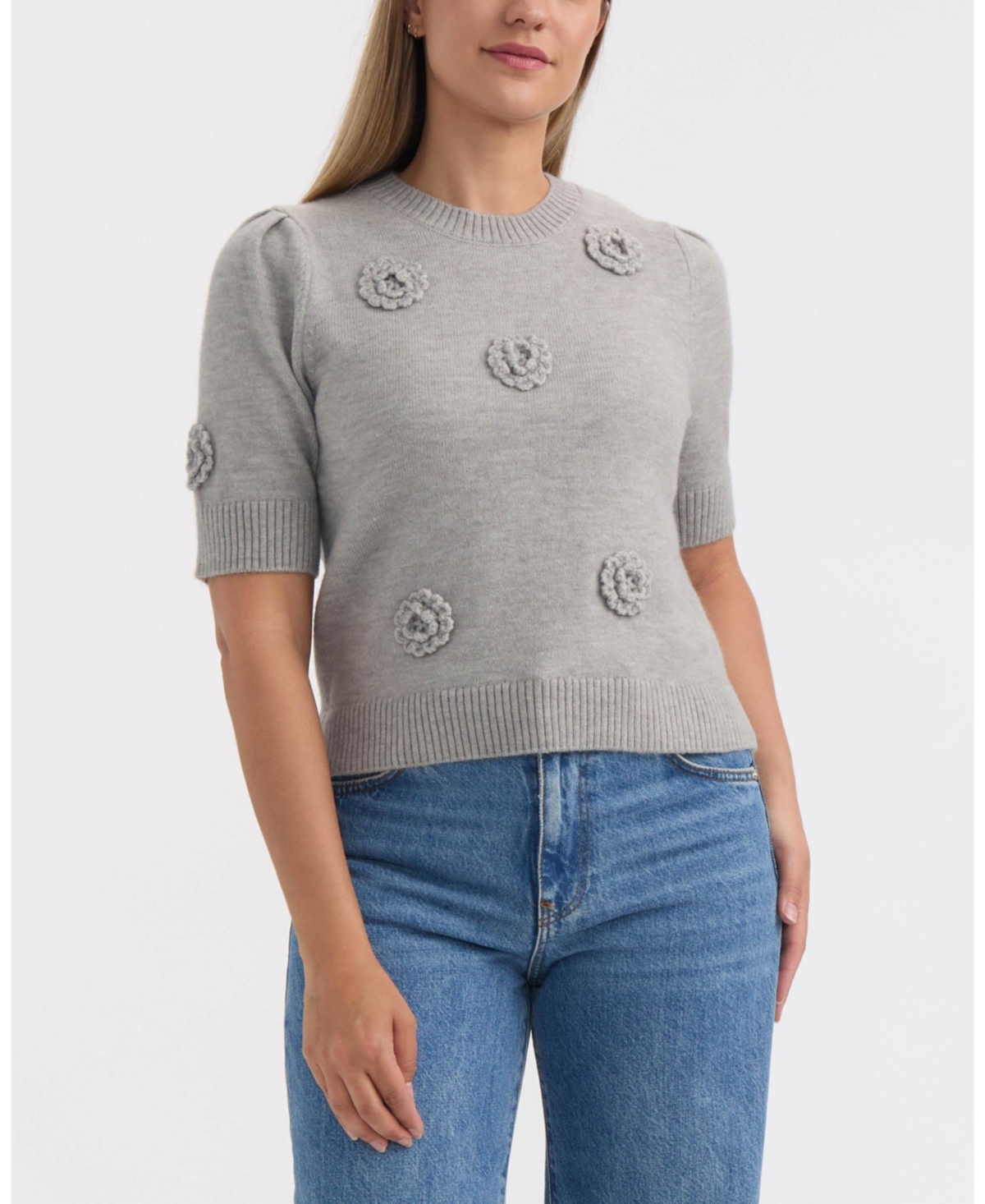 Ellen Tracy Women's Short Sleeve Sweater With Crochet Flowers