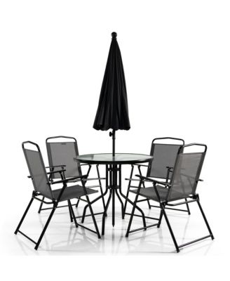 6PCS Patio Garden Dining Set w/ Round Table & 4 Folding Chairs &  Umbrella