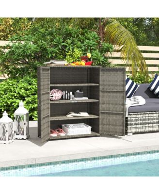 Wicker Outdoor Storage Cabinet with Shelves, 2 Doors, Dark