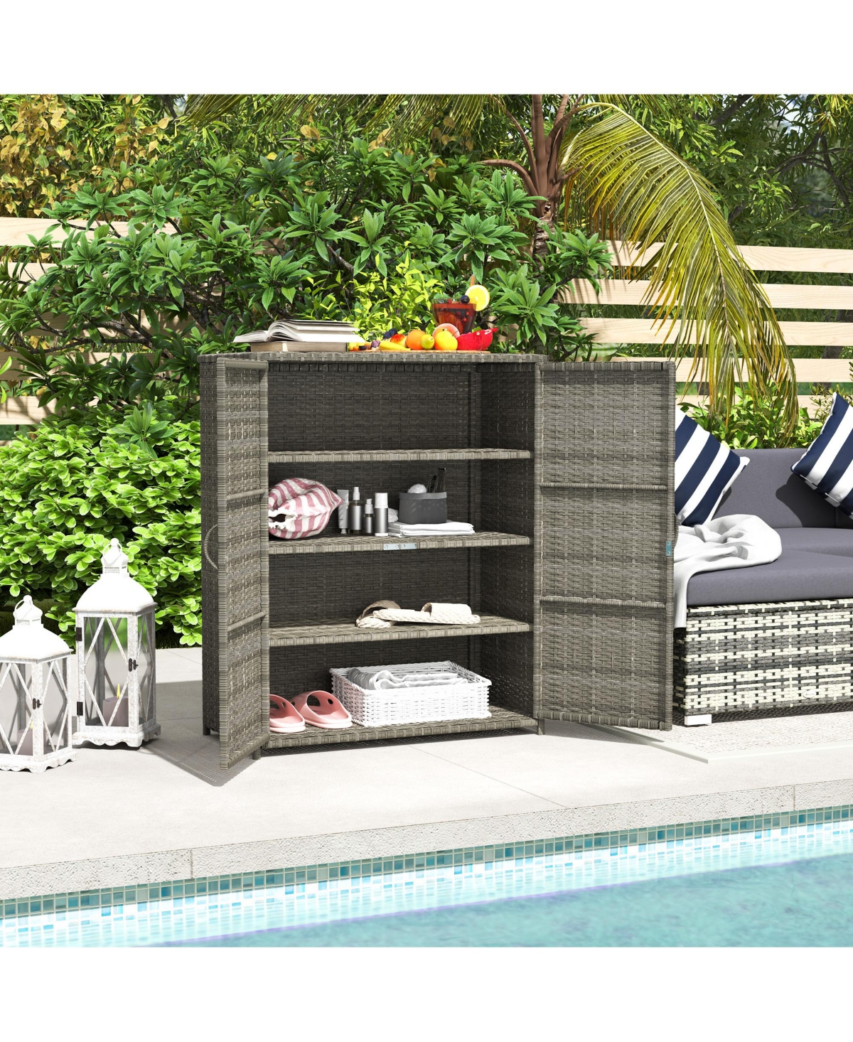Outsunny Wicker Outdoor Storage Cabinet with Shelves, 2 Doors, Dark