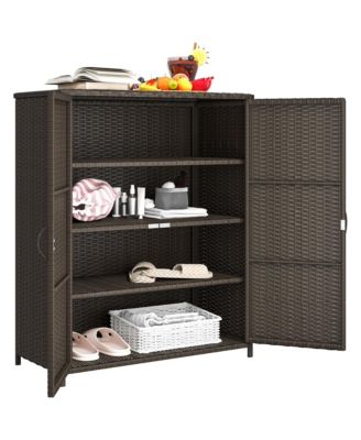 Wicker Outdoor Storage Cabinet with Shelves, 2 Doors, Dark