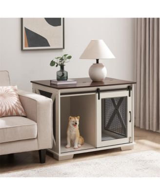 White Farmhouse Dog Kennel End Table with Barn Door Flip Top and Divider
