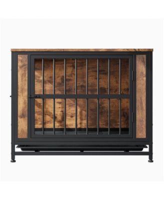 32.8'' Rustic Brown Dog Crate Furniture Sliding Doors Thick Iron Frame Medium Small Dog
