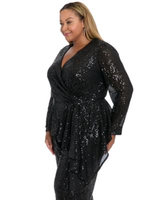 Plus Size Sequin Long Sleeve Twist Wrap Top