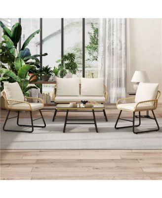 4-Piece Patio Furniture Conversation Set 1 Boho Table & 1 Loveseat & 2 Conversation Chairs, Tan/Cream
