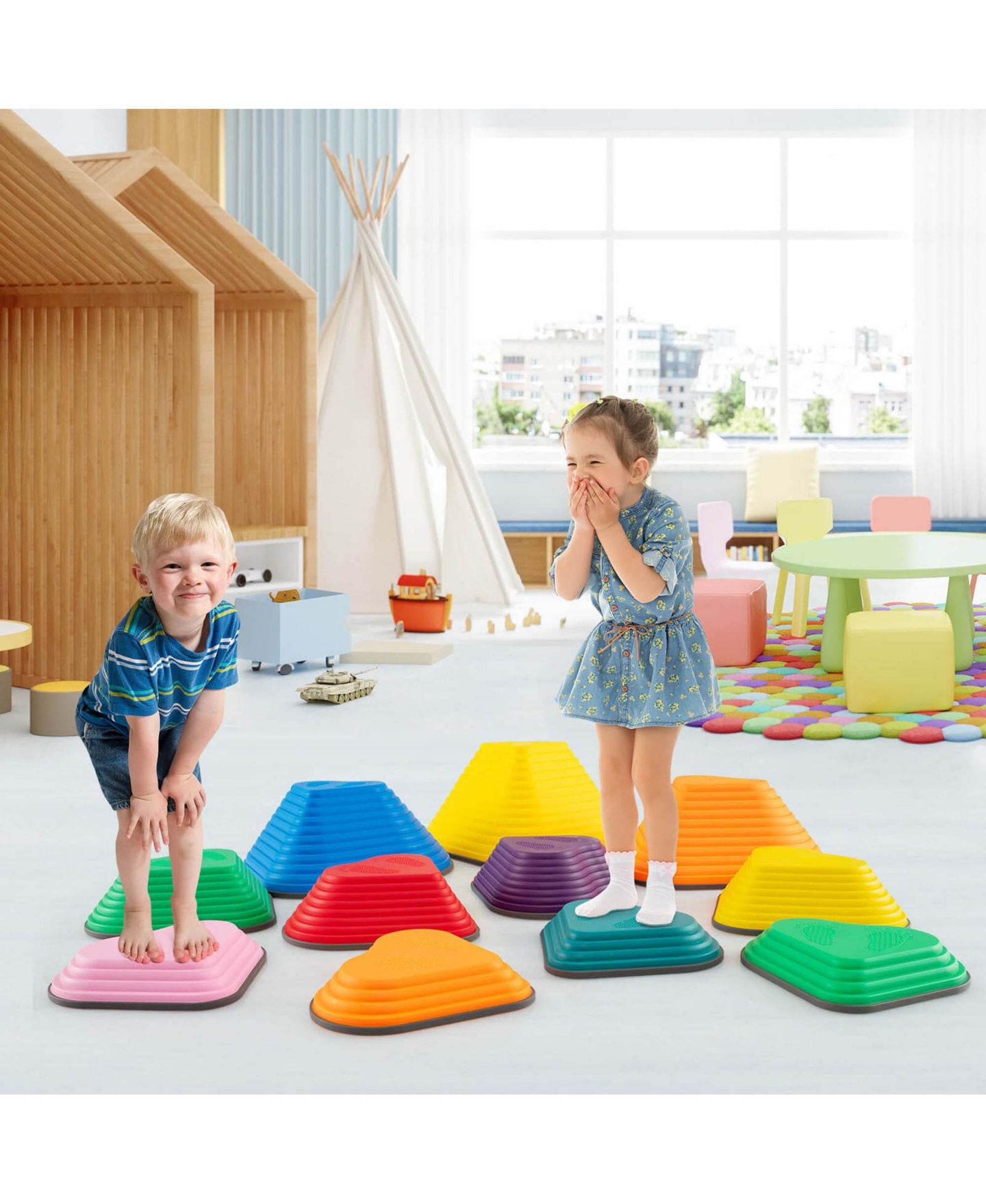 Детские игрушки Costway Heart-Shaped Non-Slip Stepping Stones, 11-Piece Set, Ages 3+, цвет: Жёлтый — фото 4