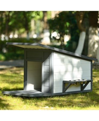 44.1 in. Outdoor Wooden Dog house with Food bowl, 4 swivel wheels in Gray
