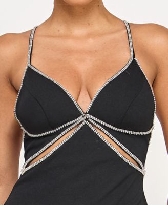 Juniors' Scuba Rhinestone Cut Out Gown