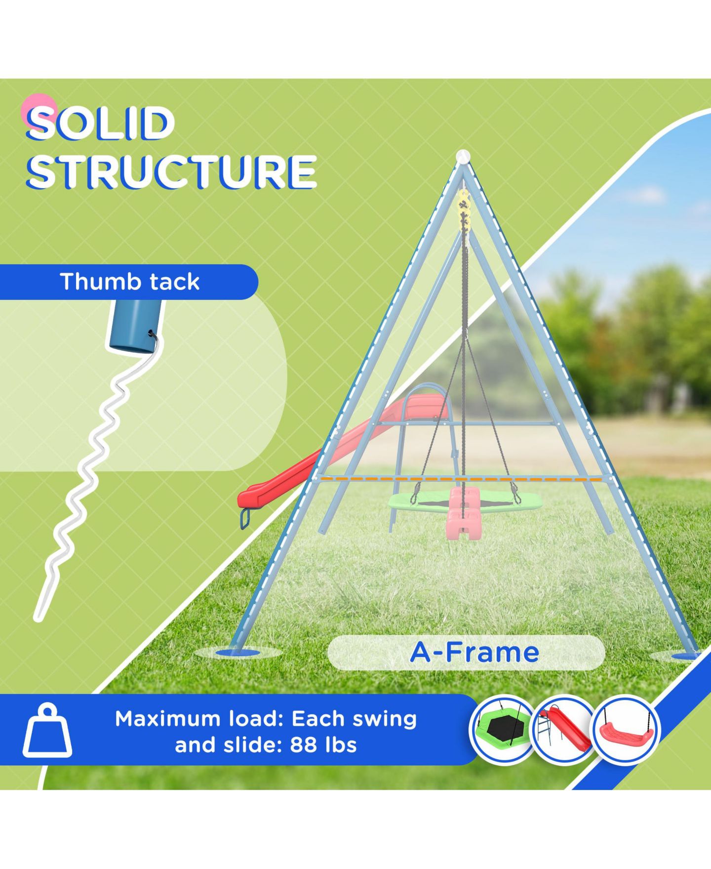 Детские игрушки Outsunny 3 in 1 Metal Swing Set with Nest Swing, Slide & Swing Seats, Holds Up to 352 lbs., Ages 3-10, цвет: Красный — фото 4