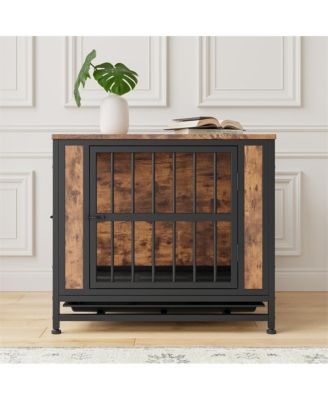27.48'' Rustic Brown Wooden Dog Crate Table Sliding Doors Thick Iron Frame Indoor