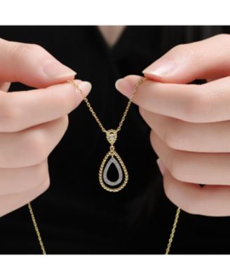 Two Tone with Clear Cubic Zirconia Tear Drop Pendant Necklace