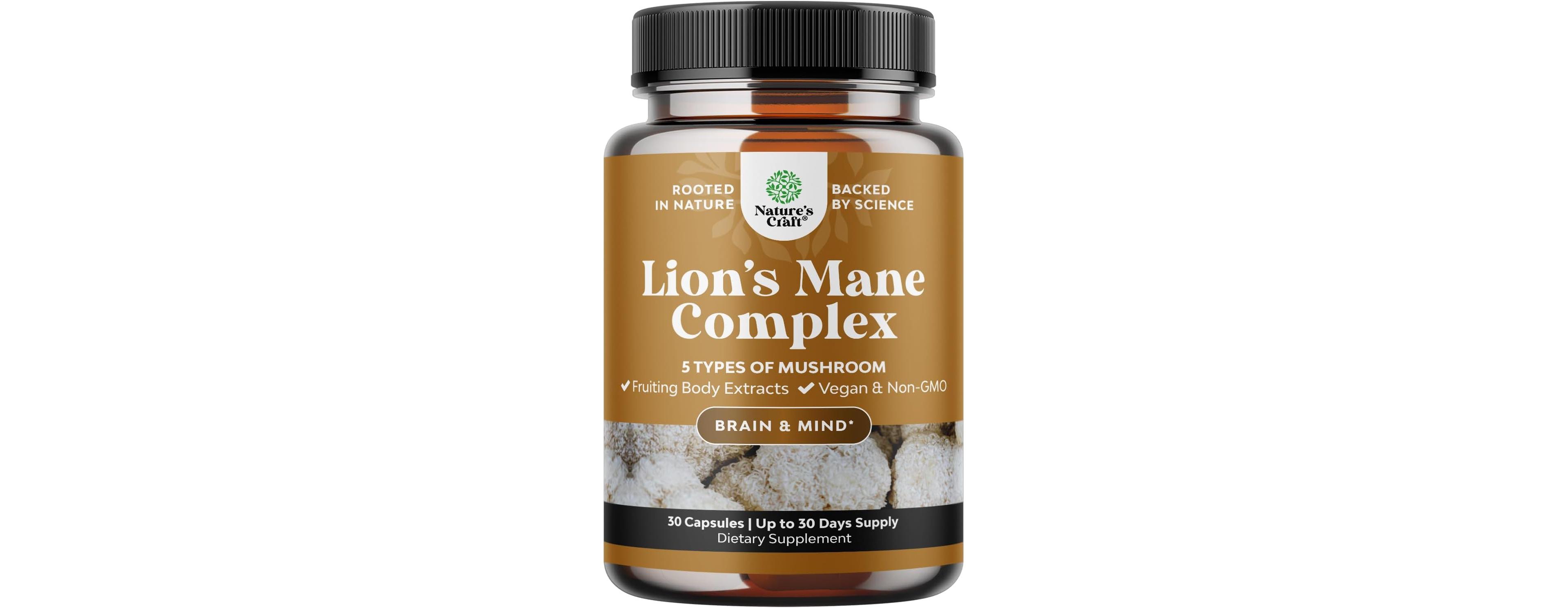 Nature's Craft Lion's Mane Complex Capsules, Brain Booster Nootropic Supplement with Chaga Maitake Shiitake and Reishi, Nature's Craft, 30ct