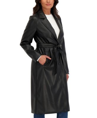 Collection Women's Belted Snap Front Faux Leather Long Trench Coat