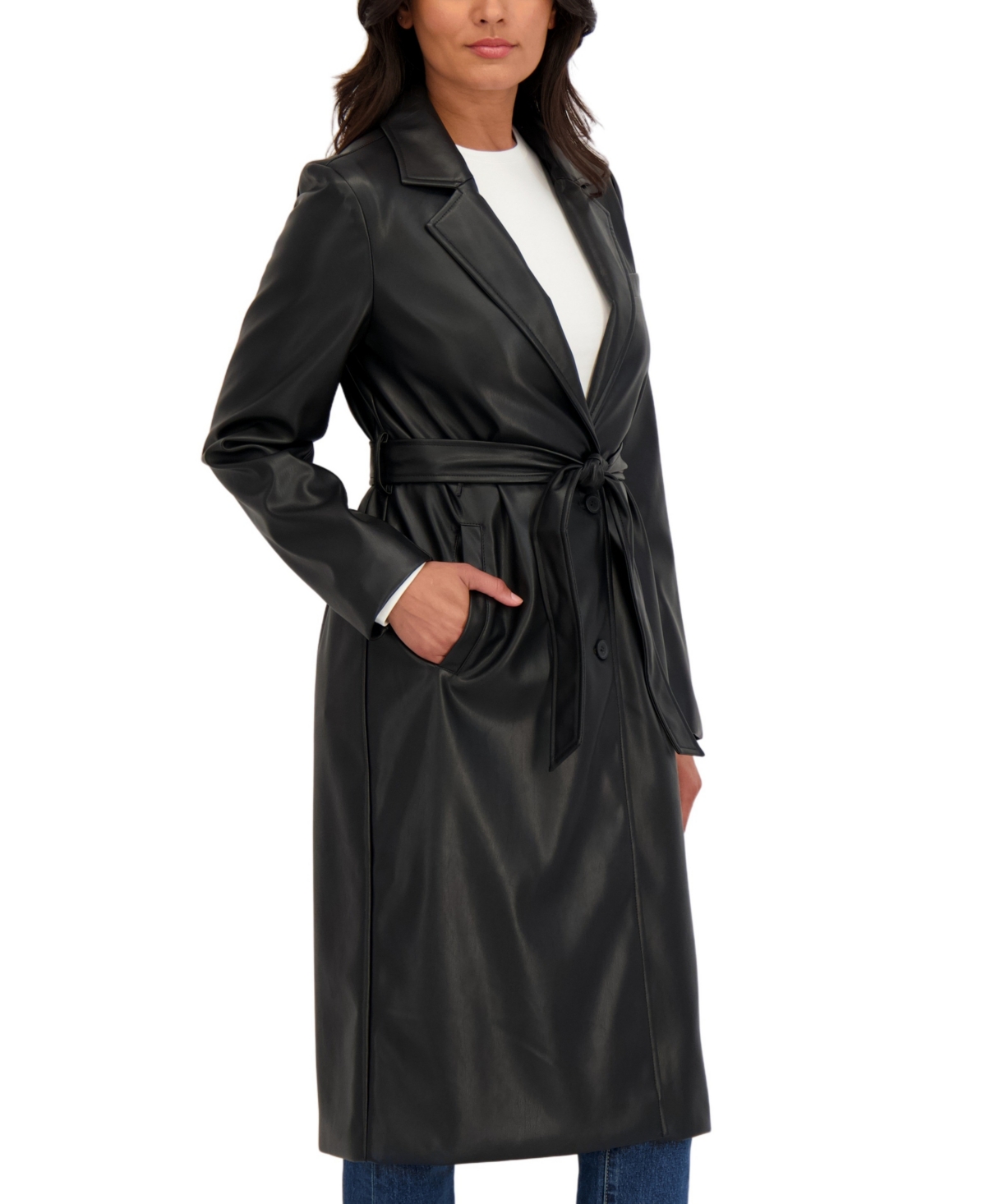 Sebby Collection Women's Belted Snap Front Faux Leather Long Trench Coat In Black