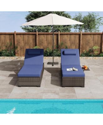 2 PCS All-Weather Outdoor Rattan Patio Chaise Lounge Recliner Chairs with Adjustable Backrest & Cushions for Poolside & Garden