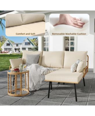 3-Pieces Outdoor Wicker Patio Conversation Set with Sofa, Coffee Table & Cushions, Sectional Couch for Balcony, Backyard, Deck