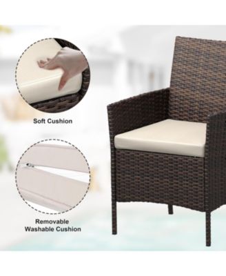 3 Pieces Brown/Beige Rattan Patio Furniture Set with Upholstered Chairs & Coffee Table for Garden, Backyard & Porch