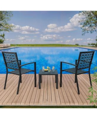 3 PCS Black Patio Bistro Set, Outdoor Stackable Steel Chairs & Square Coffee Table for Balcony, Porch, Garden, Lawn