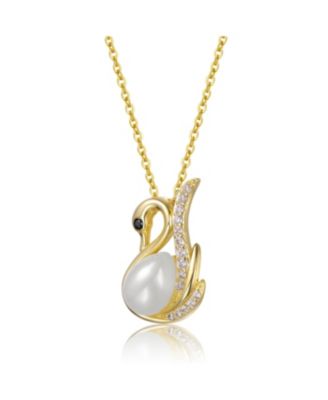 Sterling Silver 14k Gold Plated  Faux Pearl & Cubic Zirconia Swan Pendant Necklace